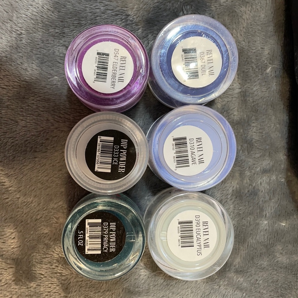 Revel Nail dip powder. Colors listed on the pictures.